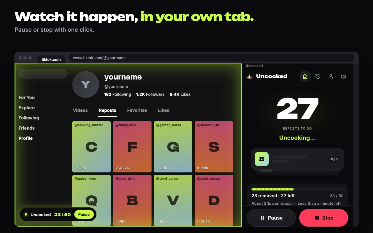 Watch it happen, in your own tab. The panel counts down while a lime frame and a Pause button stay on the TikTok tab.