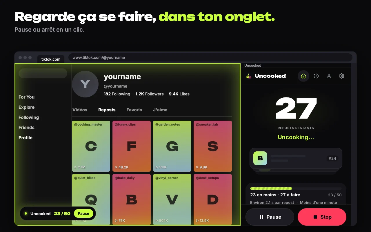 Regarde ça se faire, dans ton onglet. Le panneau décompte pendant qu’un cadre vert et un bouton Pause restent sur l’onglet TikTok.